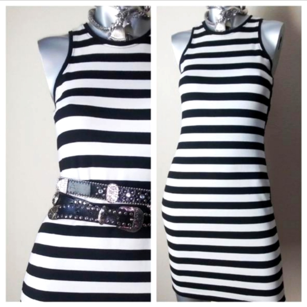"Rachel Roy" Black/White Pop of Red Fitted Cocktail Party Midi Sleeveless Dress - Picture 6 of 9